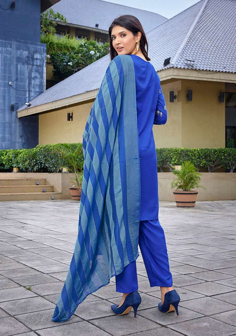Royal Blue Solid Crepe Straight Kurta Set - Indya