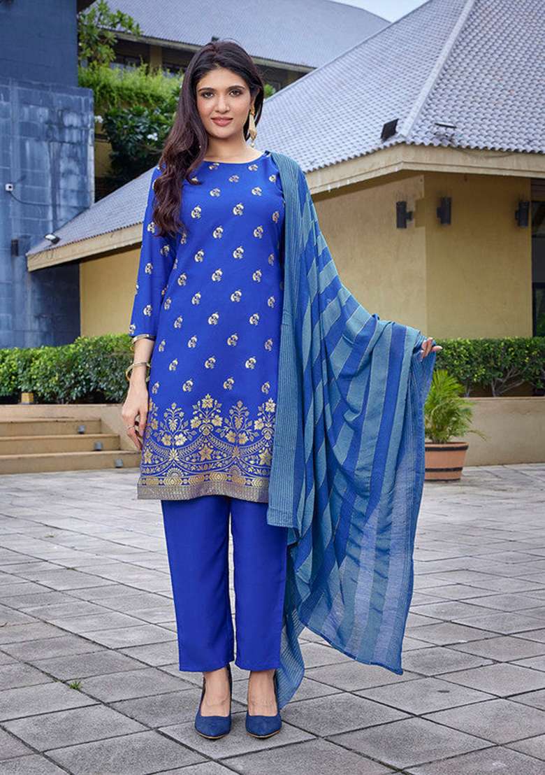 Royal Blue Solid Crepe Straight Kurta Set - Indya