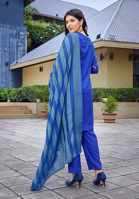 Royal Blue Printed Crepe Kurta Set