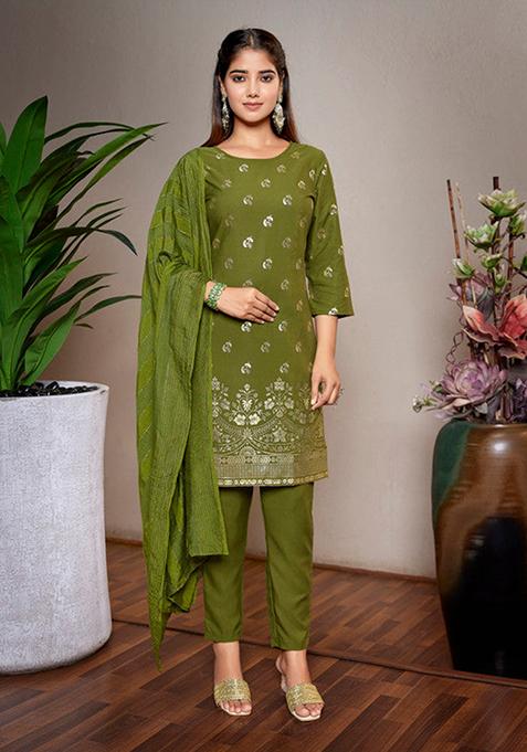 Mehndi Green Printed Crepe Kurta Set