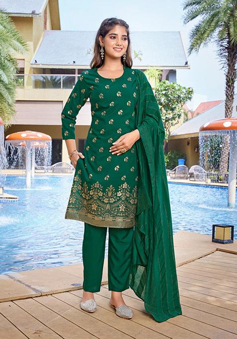 Bottle Green Printed Crepe Kurta Set