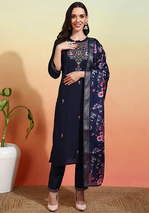 Navy Blue Embroidered Chanderi Kurta Set