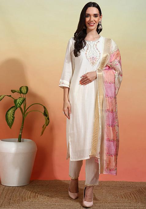 White Embroidered Chanderi Kurta Set