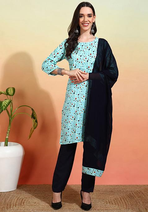 Sky Blue Printed Crepe Kurta Set