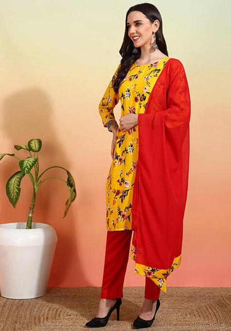 Yellow And Red Printed Crepe Kurta Set