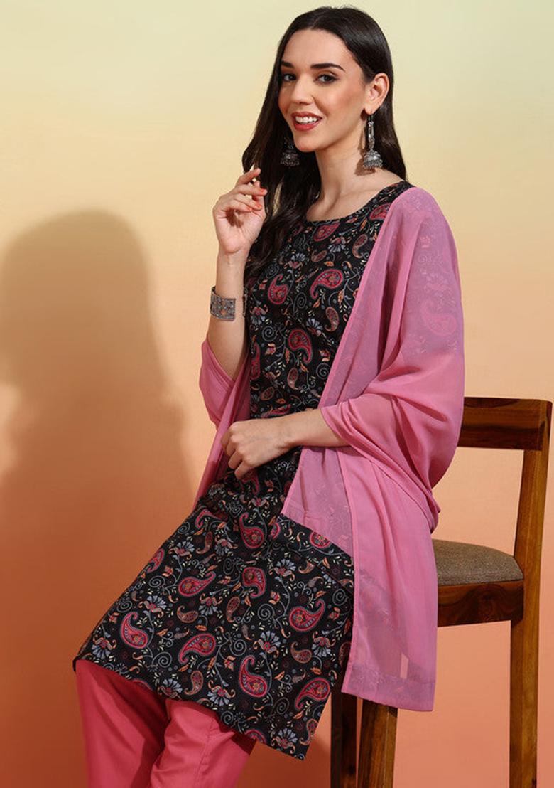 Black And Pink Printed Crepe Straight Kurta Set - Indya