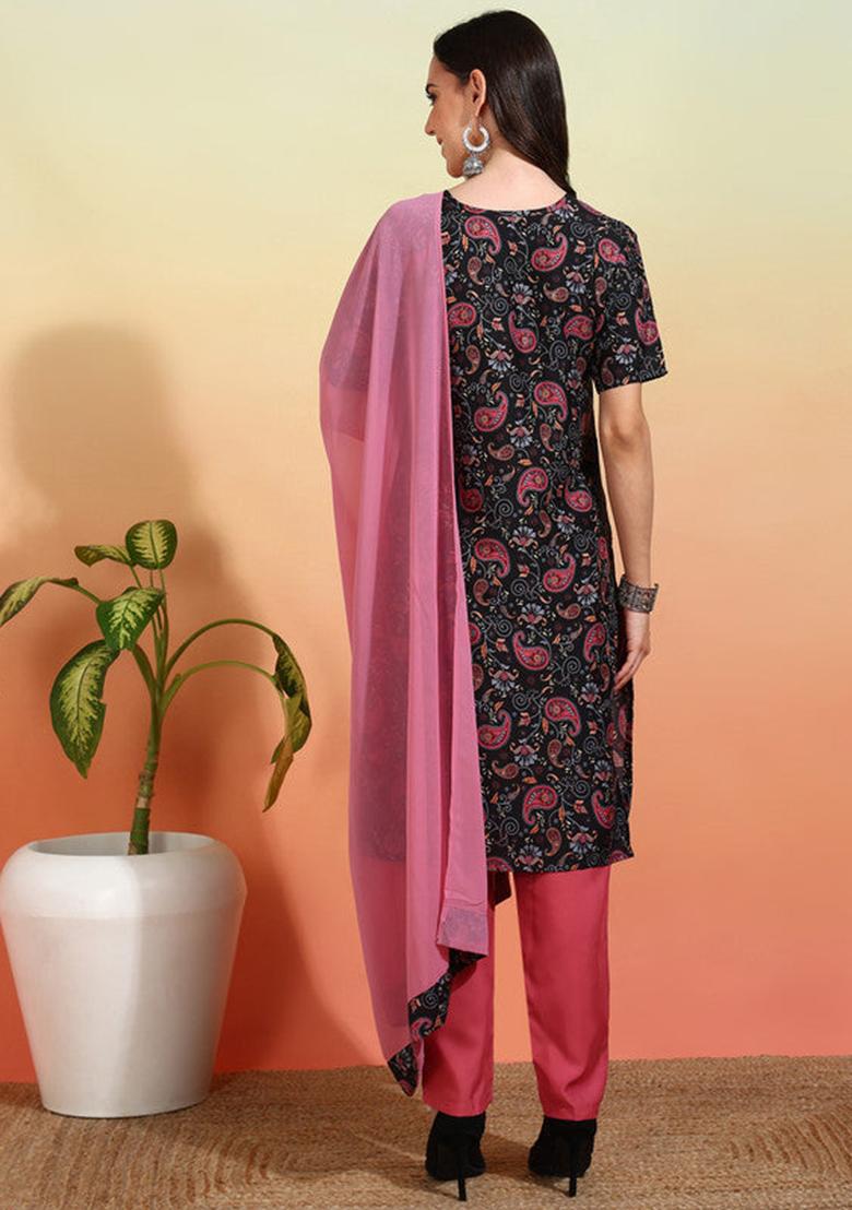 Black And Pink Printed Crepe Straight Kurta Set - Indya