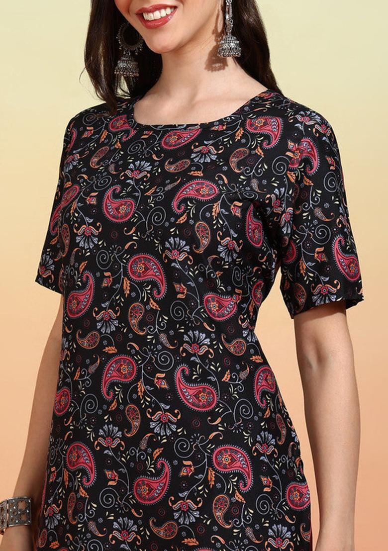 Black And Pink Printed Crepe Straight Kurta Set - Indya