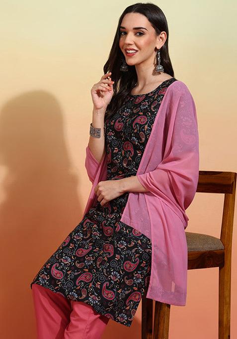 Black And Pink Printed Crepe Kurta Set