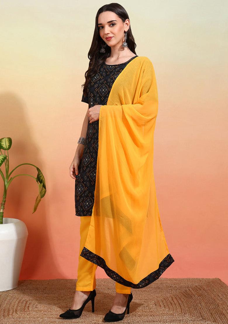 Black Printed Crepe Kurta Set