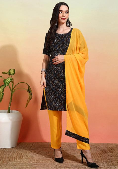 Black Printed Crepe Kurta Set