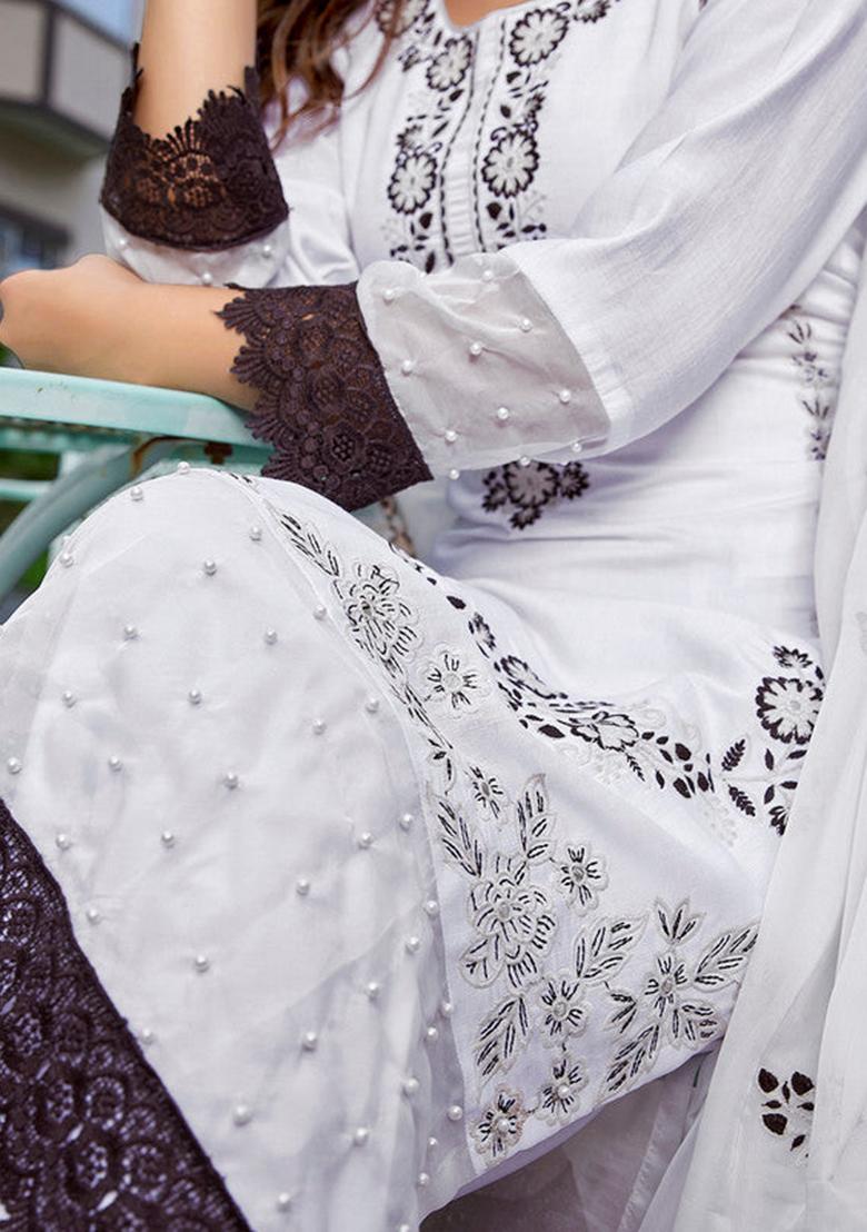 White And Black Embroidered Chanderi Kurta Set