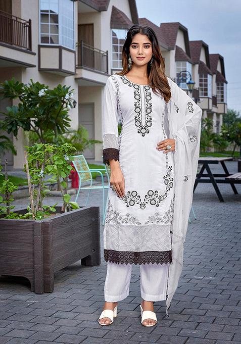 White And Black Embroidered Chanderi Kurta Set