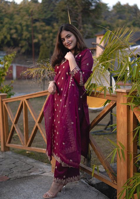 Purple Embroidered Viscose Silk Kurta Set