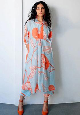 Sky Blue And Orange Printed Viscose Kurta Set
