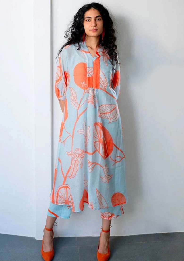 Sky Blue Floral Print Viscose Kaftan - Indya