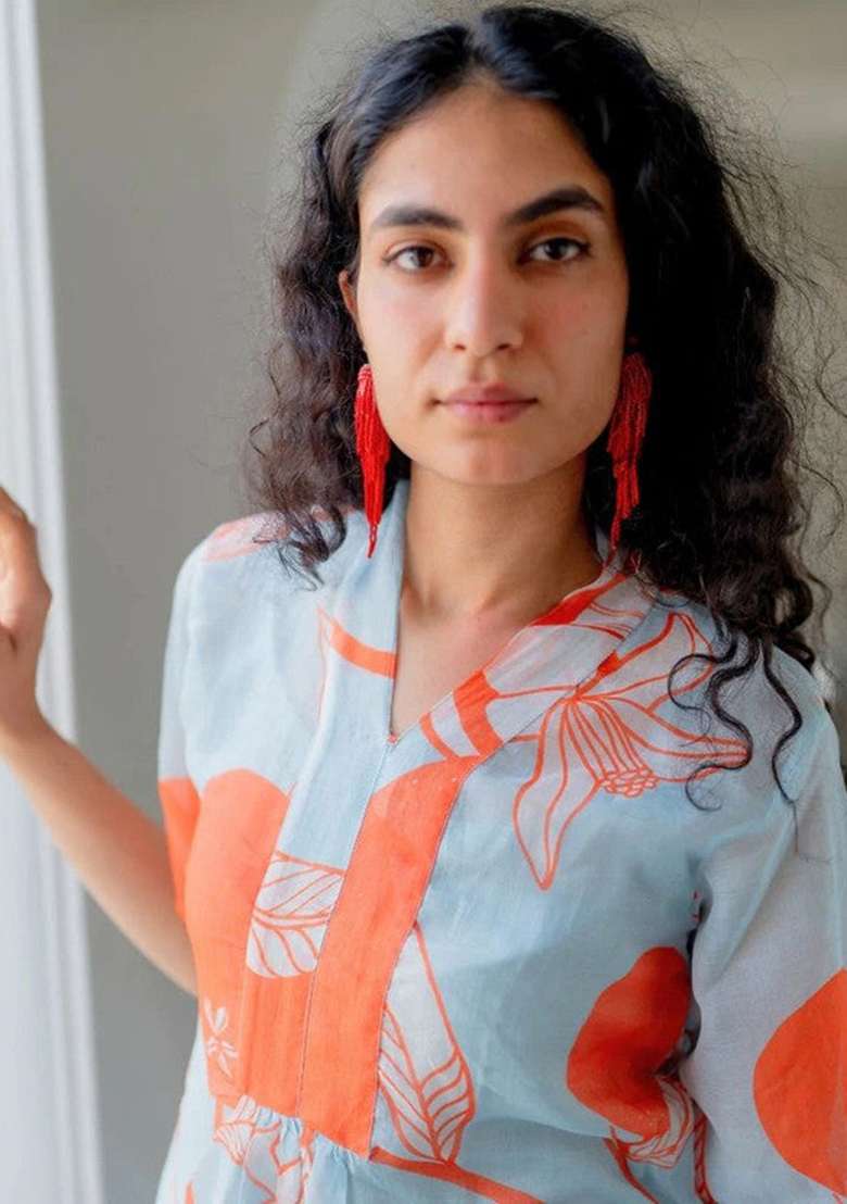 Sky Blue Floral Print Viscose Kaftan - Indya