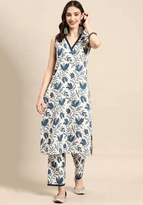 White And Grey Printed Viscose Kurta Set