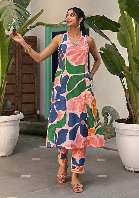 Pink And Green Printed Viscose Kurta Set