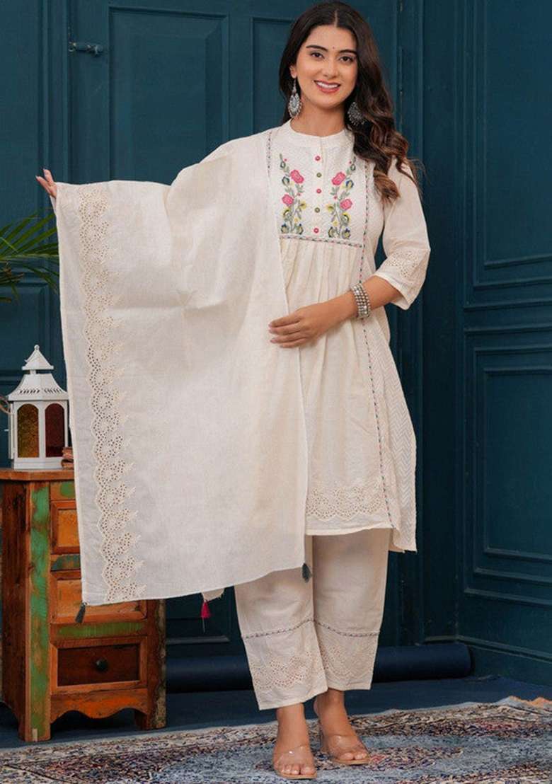 Beige Embroidered Cotton A Line Kurta Set - Indya