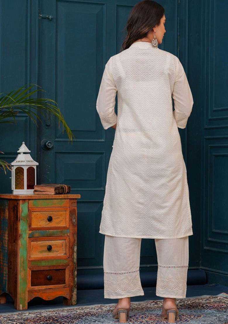 Beige Embroidered Cotton A Line Kurta Set - Indya