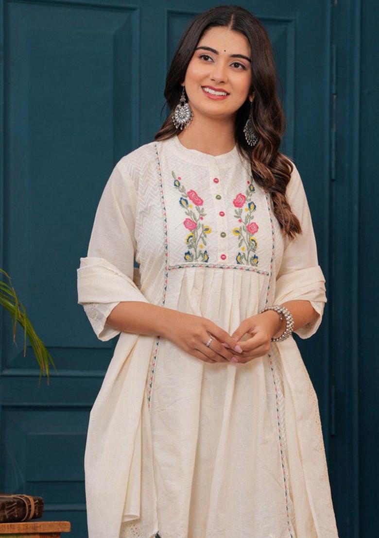 Beige Embroidered Cotton Kurta Set