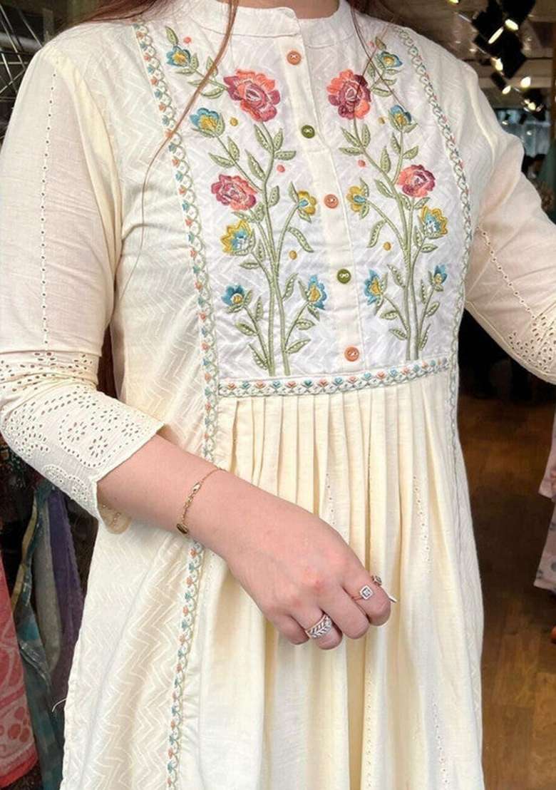 Beige Embroidered Cotton Anarkali Set - Indya