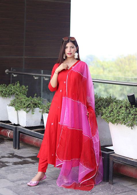 Red Embroidered Viscose Kurta Set