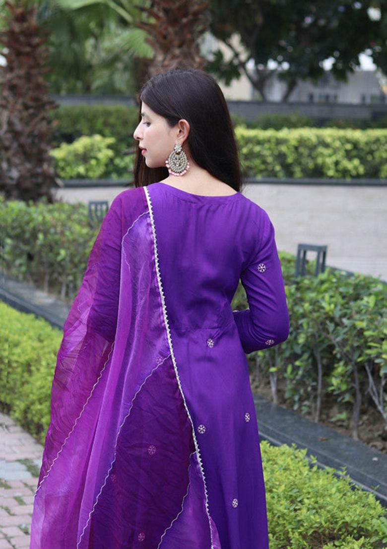 Purple Embroidered Viscose Kurta Set