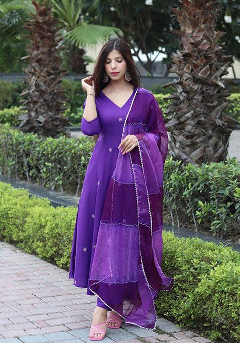 Purple Embroidered Viscose Kurta Set