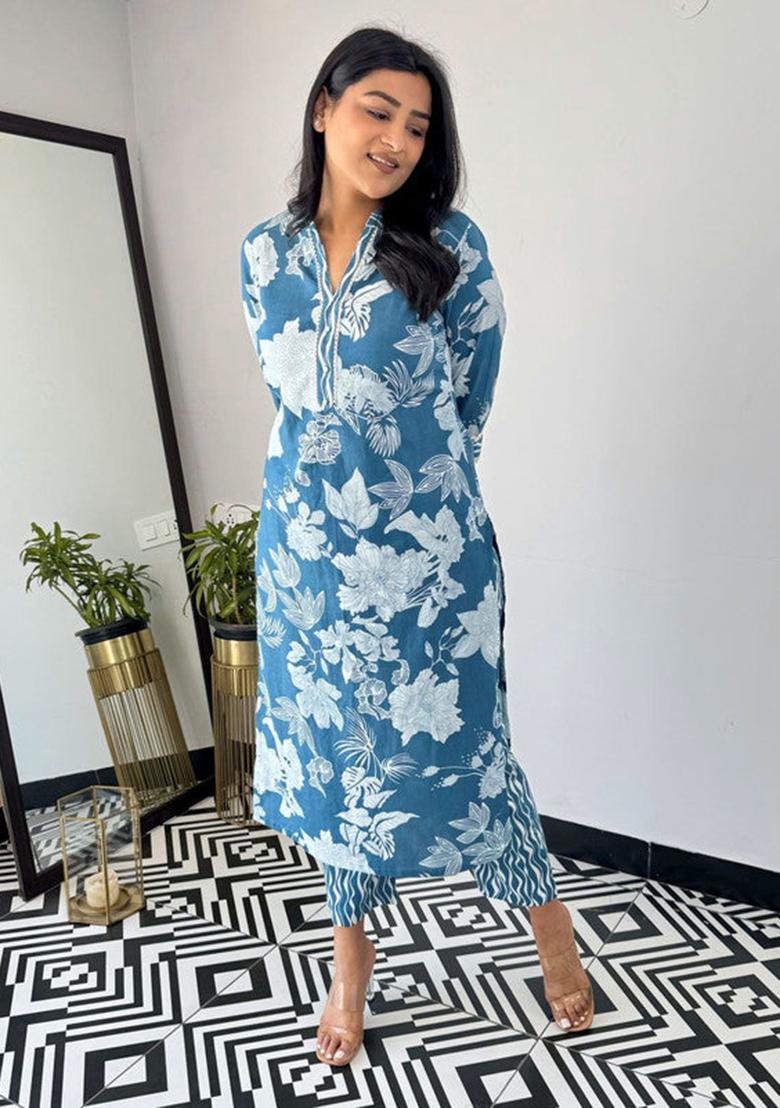 Royal Blue Printed Viscose Kurta Set