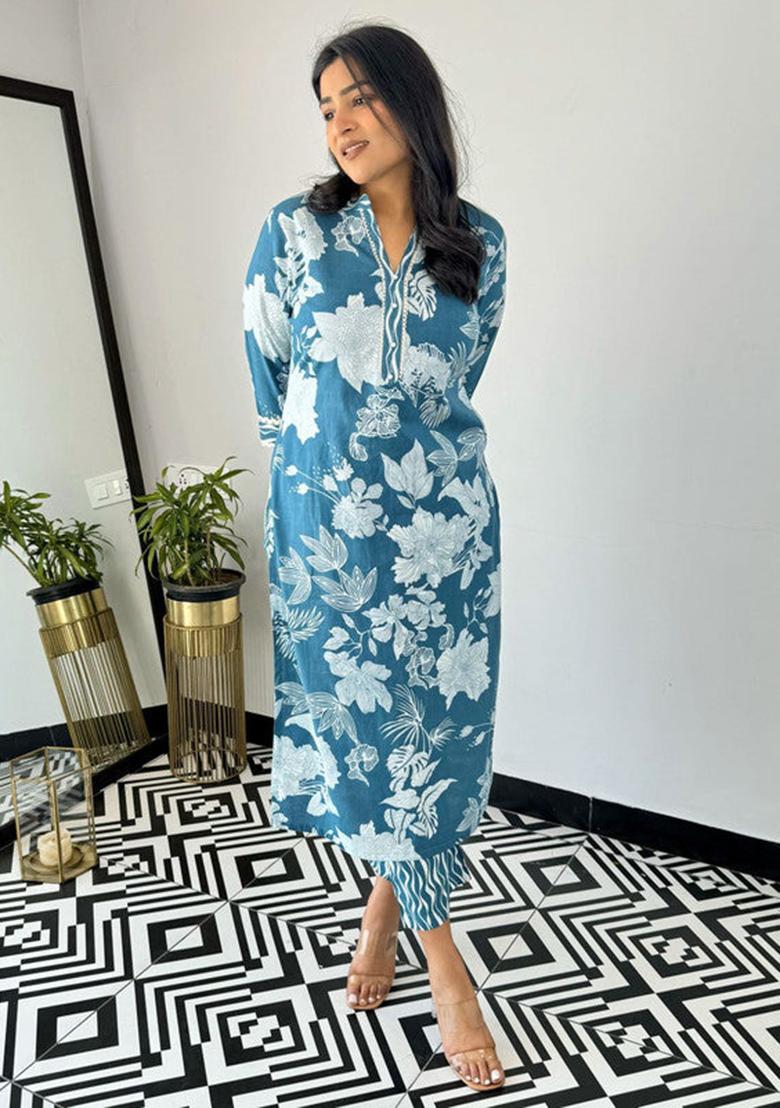 Royal Blue Printed Viscose Kurta Set