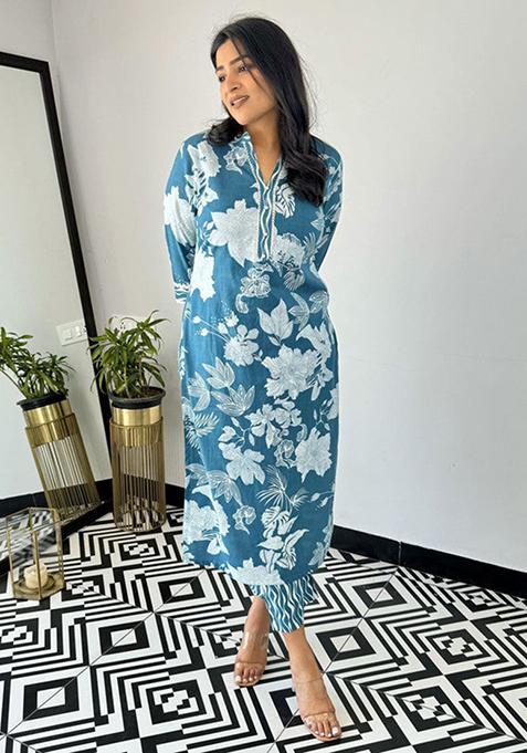 Royal Blue Printed Viscose Kurta Set