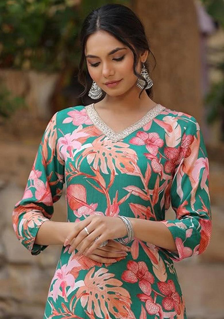 Green Printed Viscose Kurta Set