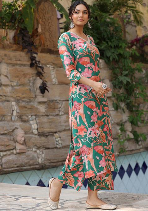 Green Printed Viscose Kurta Set