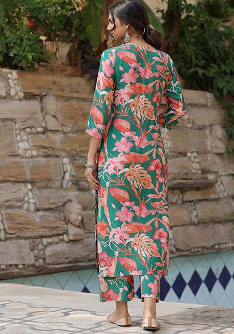 Green Printed Viscose Kurta Set
