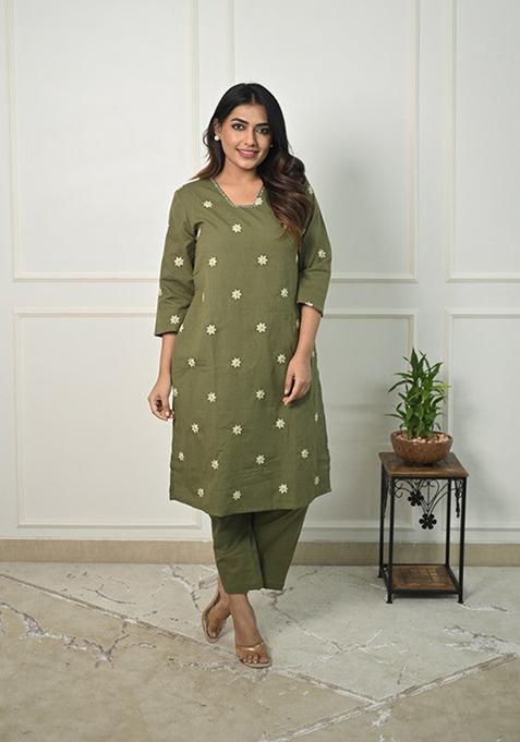 Mehndi Green Embroidered Cotton Kurta Set