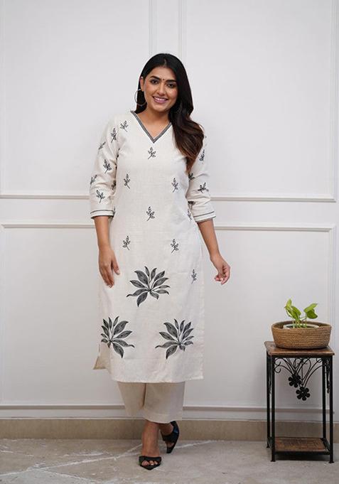 White Embroidered Viscose Kurta Set