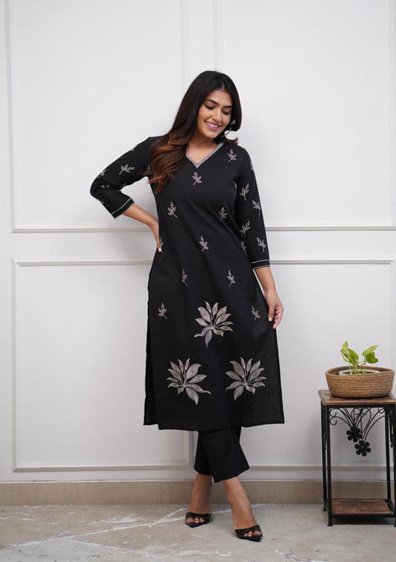 Black Embroidered Viscose Kurta Set - Indya