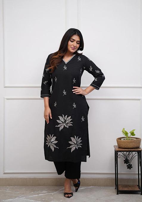 Black Embroidered Viscose Kurta Set