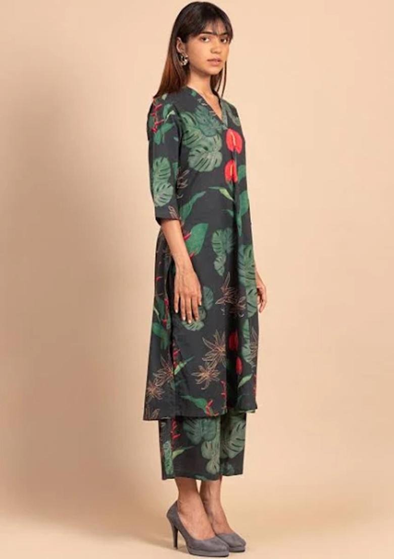 Dark Green Printed Viscose Kurta Set