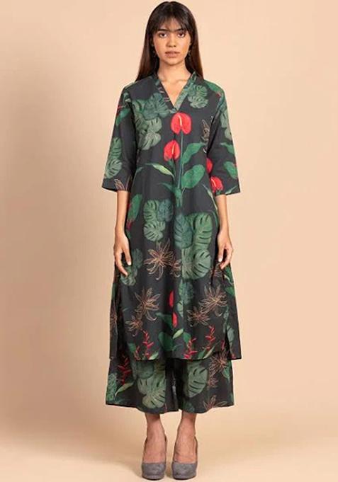 Dark Green Printed Viscose Kurta Set