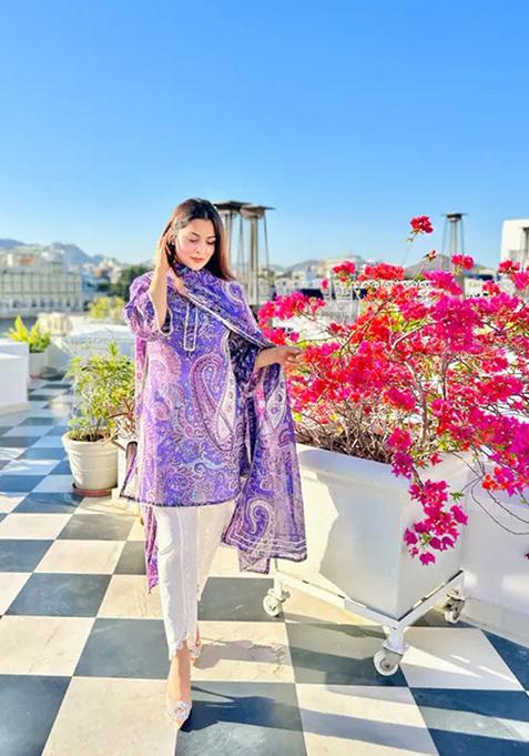 Purple Printed Viscose Kurta Set