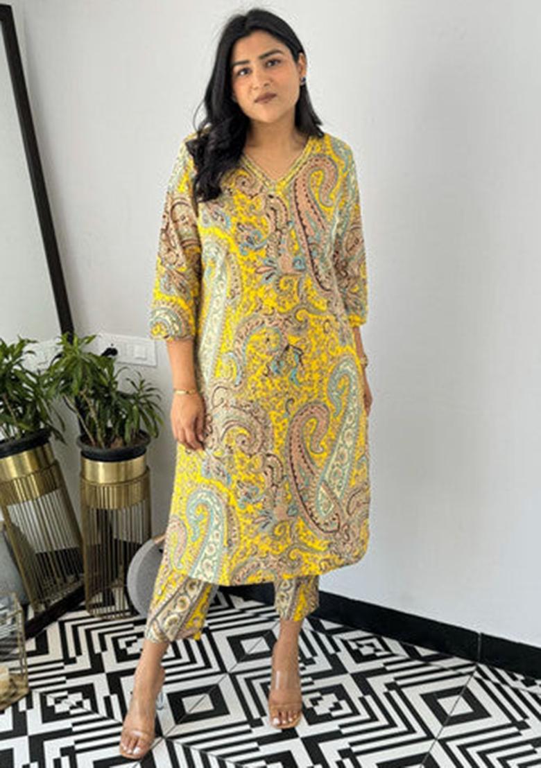 Yellow Printed Viscose Kurta Set
