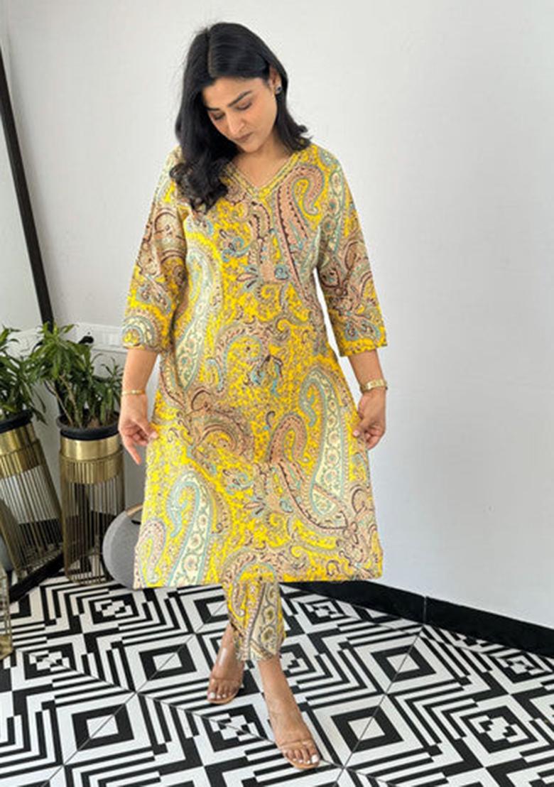 Yellow Printed Viscose Kurta Set