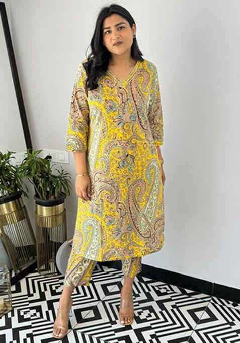 Yellow Printed Viscose Kurta Set