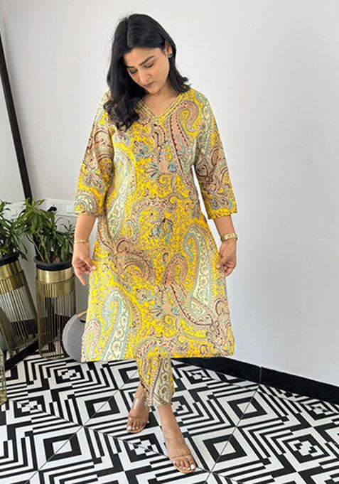 Yellow Printed Viscose Kurta Set