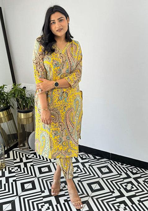 Yellow Printed Viscose Kurta Set