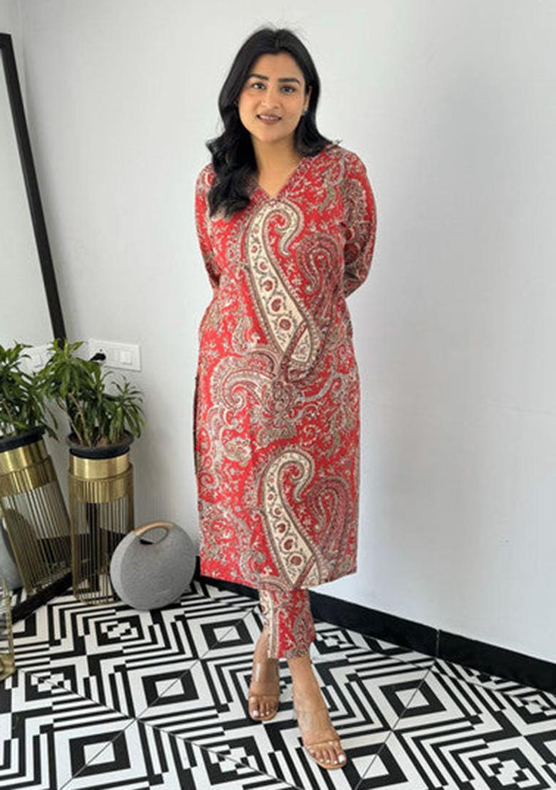 Red Printed Viscose Kurta Set