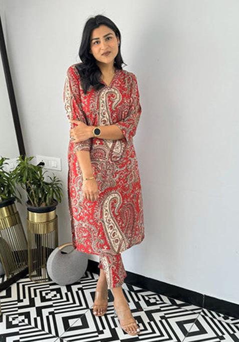 Red Printed Viscose Kurta Set